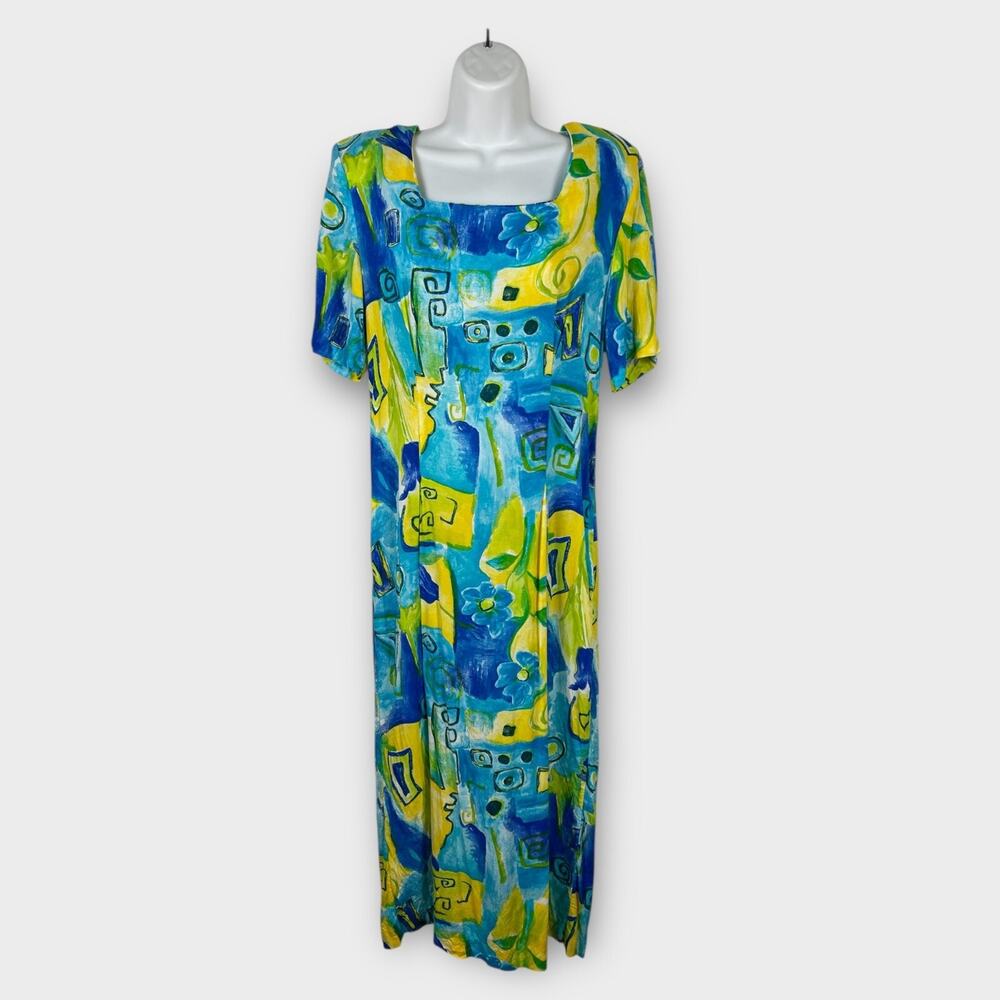 Vintage Rayon Colorful Yellow Blue Batik Print Boho Midi Dress Size Small 6‎